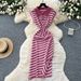 Women's Korean Chic Retro Striped Dress Polo Collar Short Sleeved Fitted Waist Elegant Slit Midi Skirt Summer Style Niche_ecoleips.com