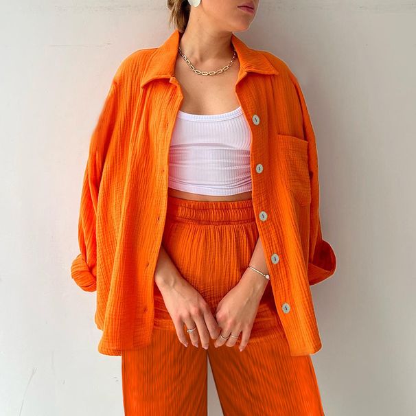 Women's Clothing Wrinkled Lapel Long Sleeved Shirt Trousers Fashion Casual Suit Female Cardigan_ecoleips.com
