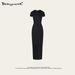 2025 Summer European American Long Slim-Fit Knit Short-Sleeve Dress With Simple Slit And Bodycon Design For Women_ecoleips.com