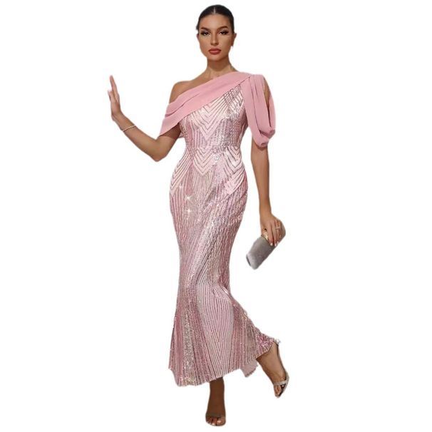 Women's Clothing New Women's Dress One Shoulder Chiffon Splicing Sequin Long Dress Party Dress_ecoleips.com