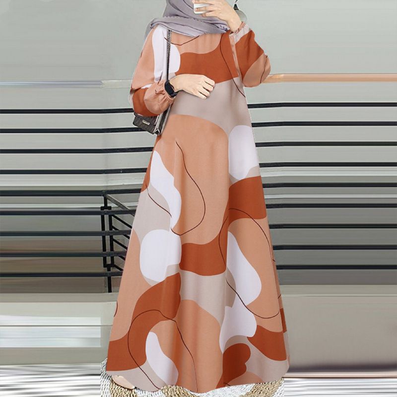 In Stock Cross-Border New Printed Middle Eastern Muslim Malay Full Sleeve Round Neck Robe Long Dress Factory Wholesale_ecoleips.com