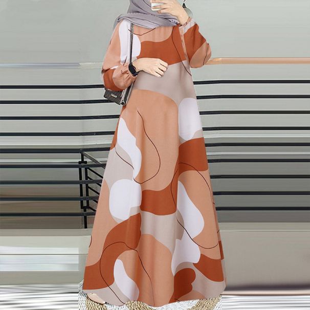 In Stock Cross-Border New Printed Middle Eastern Muslim Malay Full Sleeve Round Neck Robe Long Dress Factory Wholesale_ecoleips.com
