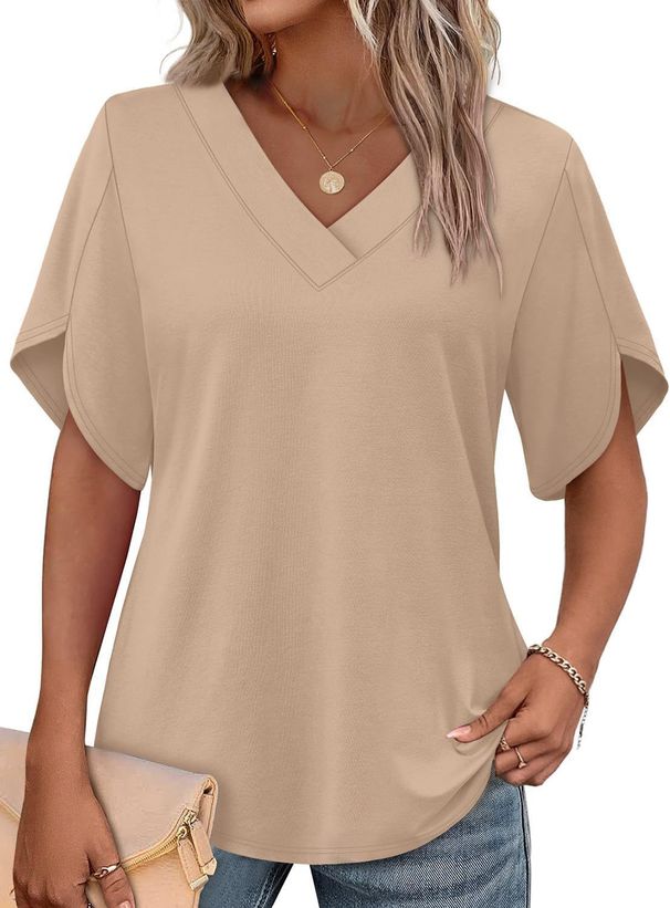 2026 New European American Women Elegant V-Neck Petal Sleeve T-Shirt_ecoleips.com