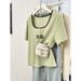 Women's Square Neck Contrast Color Short Sleeve T-Shirt - Slim Fit, Breathable & Fashionable Summer Top_ecoleips.com