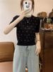 Women's French Style Rhinestone Knit T-Shirt Round Neck Short Sleeve Puff Sleeve Hollowed Out Pattern Heavy Duty New Summer Top_ecoleips.com