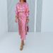Voya Women's Sexy Deep V-neck Fashionable And Elegant Commuting Collar Printed High Waisted Skirt Set Long Skirt_ecoleips.com