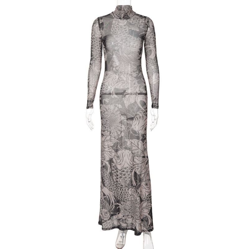 Women's High Neck Slim Fit Dress American Style Fashion Mesh Printed See Through Autumn New_ecoleips.com