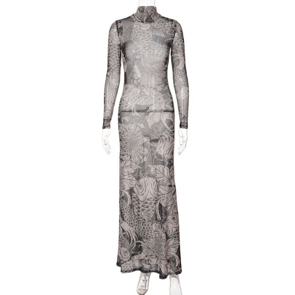 Women's High Neck Slim Fit Dress American Style Fashion Mesh Printed See Through Autumn New_ecoleips.com