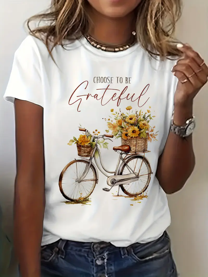Women's Choose To Be Grateful Floral Bike Short Sleeve Printed T Shirt Clothing Women's T-Shirt Graphic Clothing Women's Top Tee_ecoleips.com