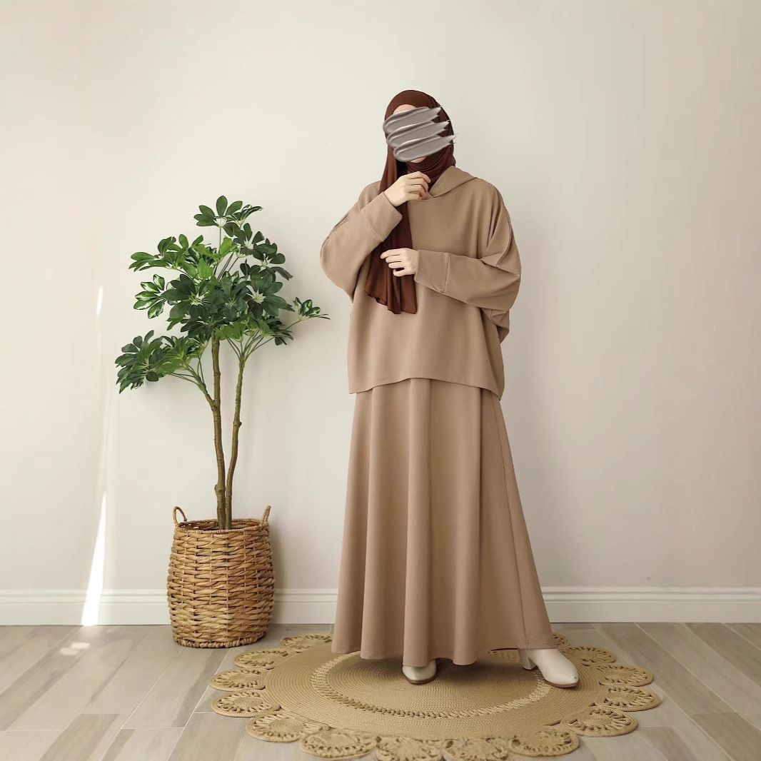 Women's Clothing Muslim Women's Clothing Solid Color Knitted Loose Hooded Top Suit_ecoleips.com
