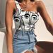 Aria Basics Aria Basics European And American 2021 Summer New Style Abstract Face Print Wrapped Chest Single Shoulder Tank Top T-Shirt_ecoleips.com