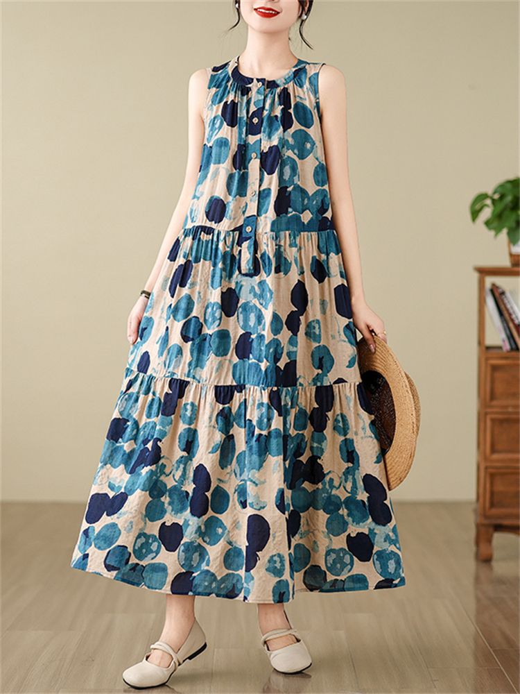 Cotton Vintage Sleeveless Polka Dot Dresses For Women 2026 Summer Casual Loose Long Dress Femme Robe Vestidos Fashion Clothing_ecoleips.com