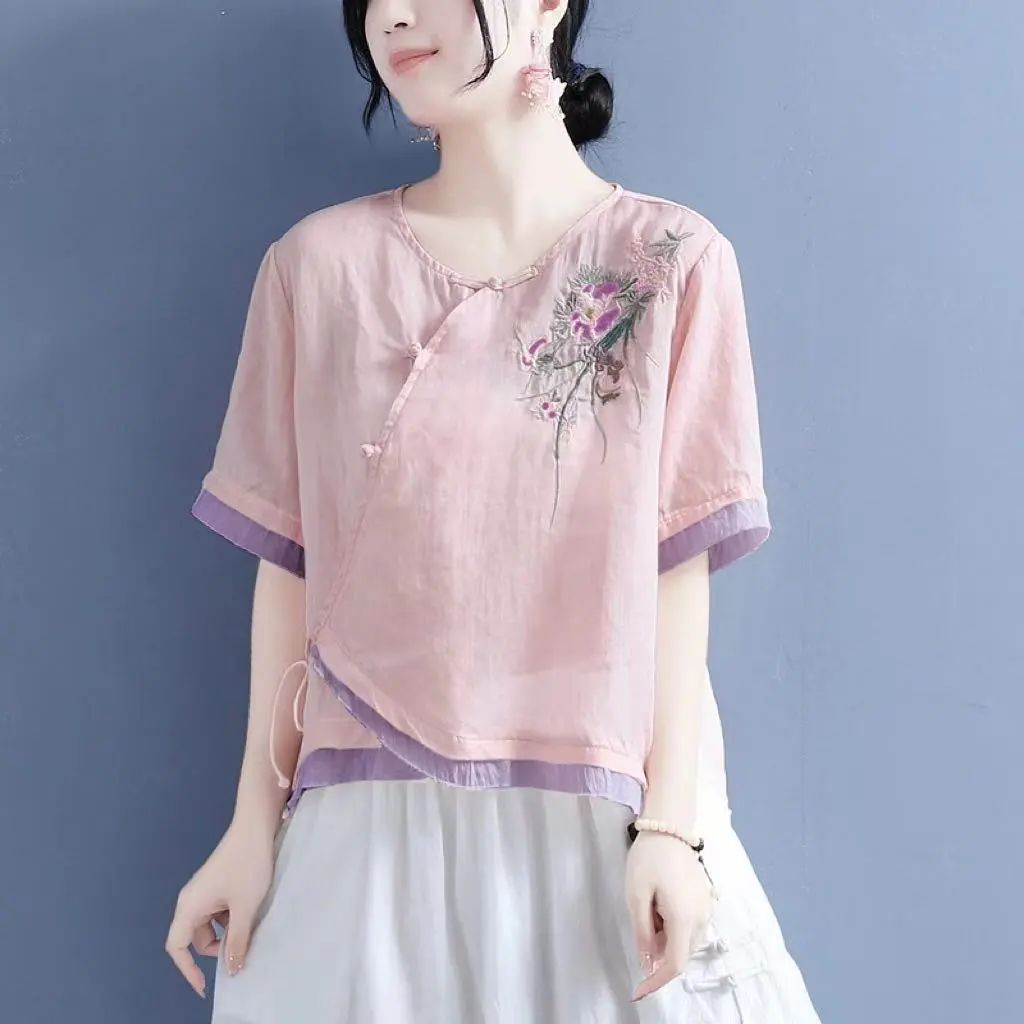 Cotton And Linen Button-Up Embroidered Slanted Shirt For Women With Five-Quarter Sleeves 2026 Summer Ethnic Style Asymme_ecoleips.com