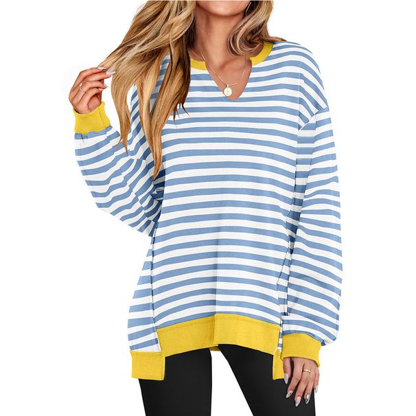 Women's Colorful Stripe V-Neck Sweatshirt - Relaxed Fit Athletic Pullover For Fall And Winter, Soft Casual Loungewear With Modern Pattern Design_ecoleips.com