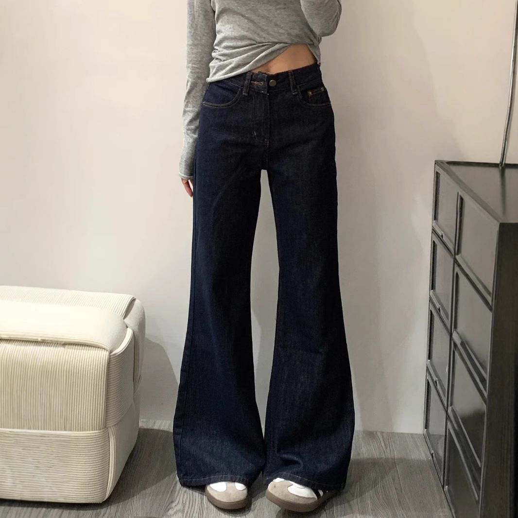 Women's High-Waisted Dark Blue Wide Leg Jeans American Style Unique Design Loose Fit Slimming Straight Leg Comfortable Spring/Autumn_ecoleips.com