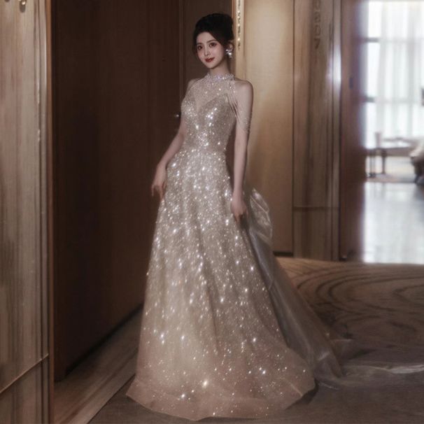 Women's Clothing Dress Halter Neck New Champagne Color Host Birthday Adult Ceremony Art Exam Dress Temperament Celebrity Female_ecoleips.com