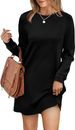 Women's Clothing Round Neck Back Pleated Pocket Long Sleeve Sweater Dress_ecoleips.com