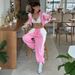 "Women's Casual Sweater Set - Sporty & Stylish Spliced Knitwear For Everyday Comfort, Pink & White Options, S/M/L Sizes"_ecoleips.com