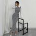 Slim Fit Puff Sleeve Dress For Women Houndstooth Pattern Bodycon Long Skirt_ecoleips.com