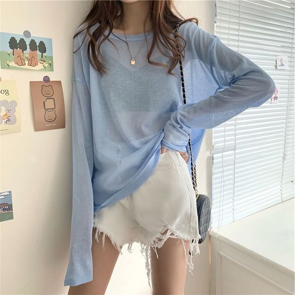 T-shirts Women Long Sleeve Summer Sun-proof Thin Solid Simple Top Loose Ins Trendy 4-color Female Girls Ulzzang Casual Chic New_ecoleips.com