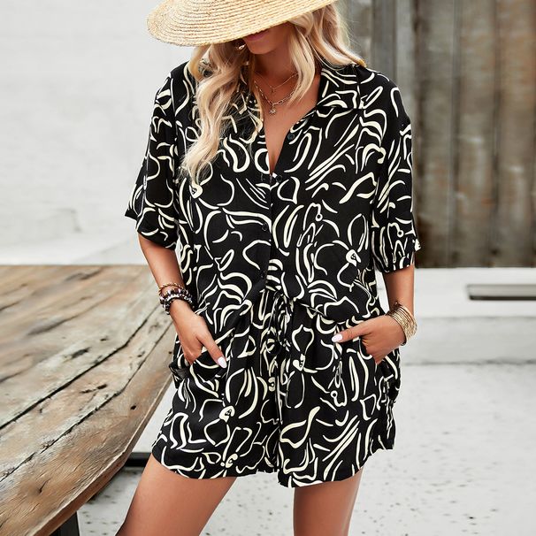 Voya Women's European And American Resort Style Printed Shirt Women's 2026 Summer Foreign Trade Casual Shorts 2-Piece Set_ecoleips.com