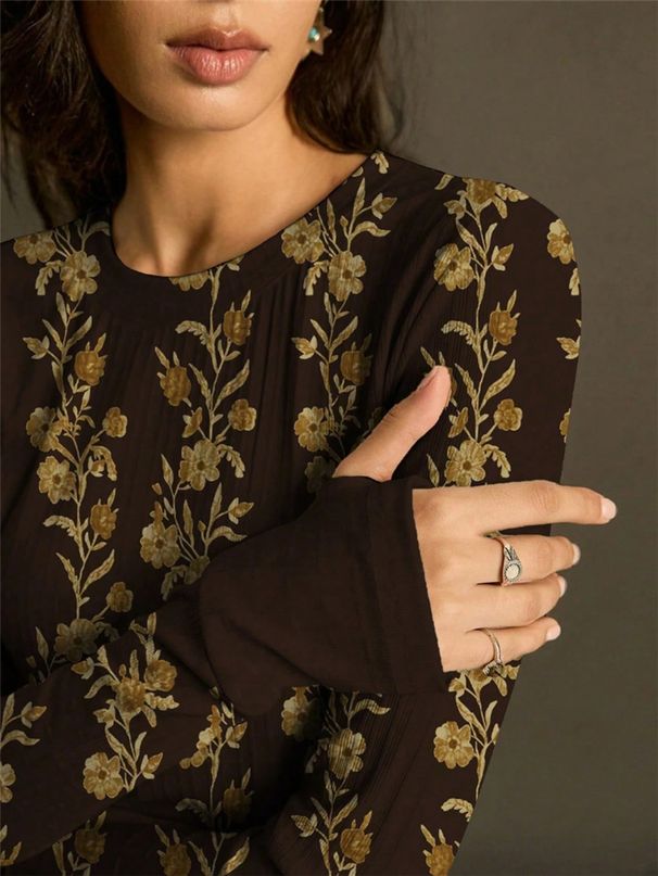 Women's Retro Floral Print Knitted T-Shirt Spring 2026 Slim Fit Long Sleeve Skin Friendly European American Style_ecoleips.com