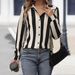 Women's Long Sleeved Cardigan Shirt Striped Black White Casual Professional Top Stylish Occasions Blouse_ecoleips.com
