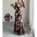 Spring Autumn Elegant Bodycon Dress With Rose Floral Pattern Long Slim Fit Round Neck Slightly Flared Sleeves_ecoleips.com