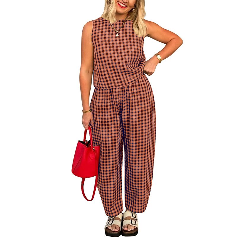 Women's Clothing Women's Clothing New Printed Plaid Loose Casual Sleeveless Vest Trousers Suit_ecoleips.com