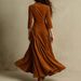 Elegant Button-Down Midi Dress With Notched Collar & 3/4 Sleeves – High Waist Flowy A-Line Skirt – Solid Brown (S-Xxl)_ecoleips.com