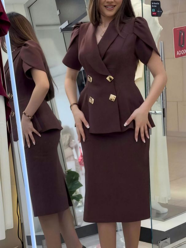 Women's Commuter Style Double Breasted Collared Top And High-Waisted Brown Pencil Skirt Two-Piece Set Versatile Clothing_ecoleips.com