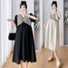 Summer New Korean Fashion Puff Short Sleeve V-Neck Striped Patchwork Maternity Dress_ecoleips.com