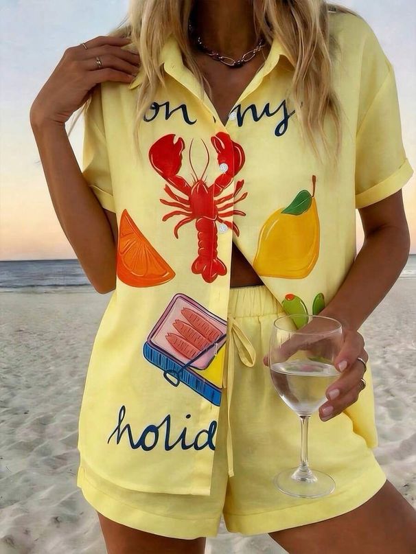 Summer Vacation Style Women's Clothing Set Printed Collared Short Sleeve Shirt And Shorts_ecoleips.com