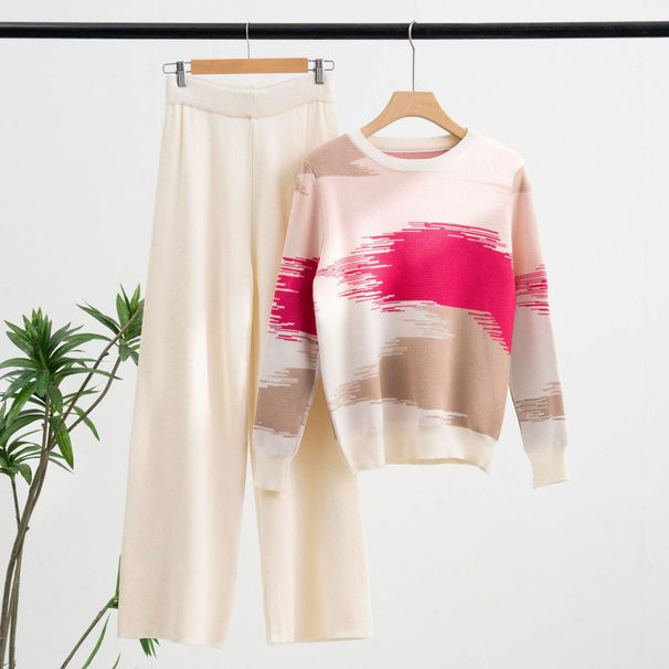 Women's Clothing Stylish Long Sleeve Knit Sweater & Wide-Leg Pants Set - Casual Loose Fit Two-Piece Outfit With Contrast Color Design Comfortable_ecoleips.com