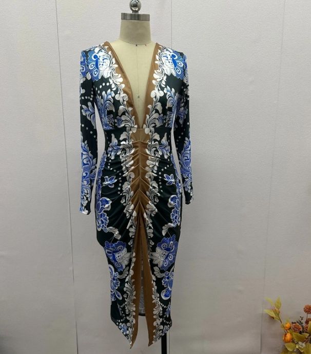 Women's Clothing Bohemian style V neck high waist slim sexy hip long skirt_ecoleips.com