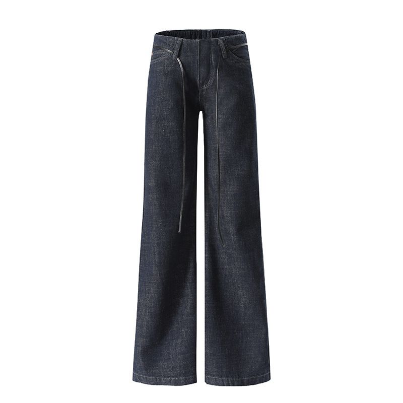 Dark Blue Low Rise Raw Denim Jeans Women's Retro Washed Casual Wide Leg Straight Leg Jeans No Waistband Design For Autumn Winter Style_ecoleips.com