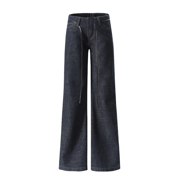 Dark Blue Low Rise Raw Denim Jeans Women's Retro Washed Casual Wide Leg Straight Leg Jeans No Waistband Design For Autumn Winter Style_ecoleips.com
