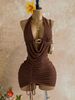 Mini Dress For Women Simple Solid Color Pleated Drawstring Backless Design With Metal Buckle Knot America Style New_ecoleips.com