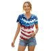 Women's V-Neck Flag Print T-Shirt Breathable Bamboo-Linen Blend Summer Top Tag-Free Comfort Available in 3 Colors_ecoleips.com