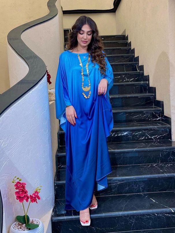 2024 Cross-Border Blue Gradient Print Round Neck Bat Sleeve Middle Eastern Women's Arabic Dress_ecoleips.com