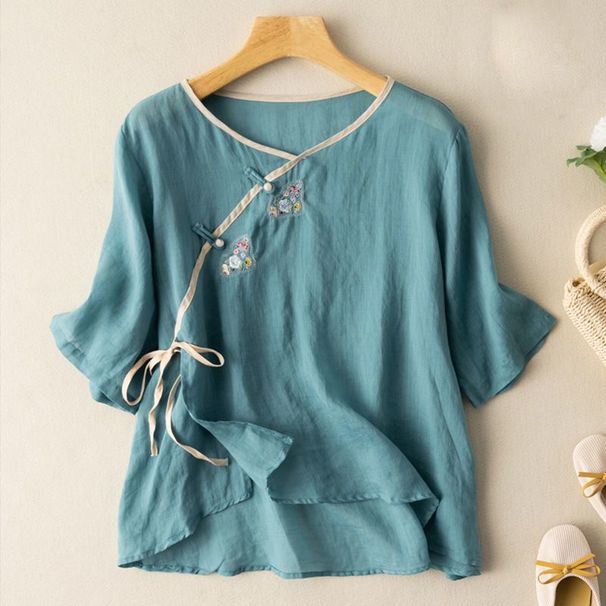 Cotton And Linen Five-Quarter Sleeve Embroidered Button-Up Artistic Retro Shirt For Women, Loose Large-Sized Pure Cotton_ecoleips.com