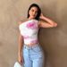 Hibiscus Flower Print Asymmetrical Neckline Short Top for Women Sexy European American Style Hot Girl Waist Design Vest Top_ecoleips.com