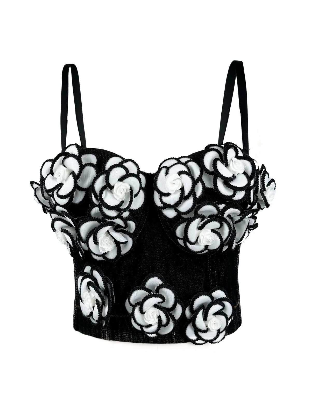 Women's Clothing Hand Beaded Flowers Embellished High End Sexy Camisole Denim Fishbone Corset_ecoleips.com
