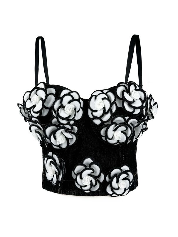 Women's Clothing Hand Beaded Flowers Embellished High End Sexy Camisole Denim Fishbone Corset_ecoleips.com