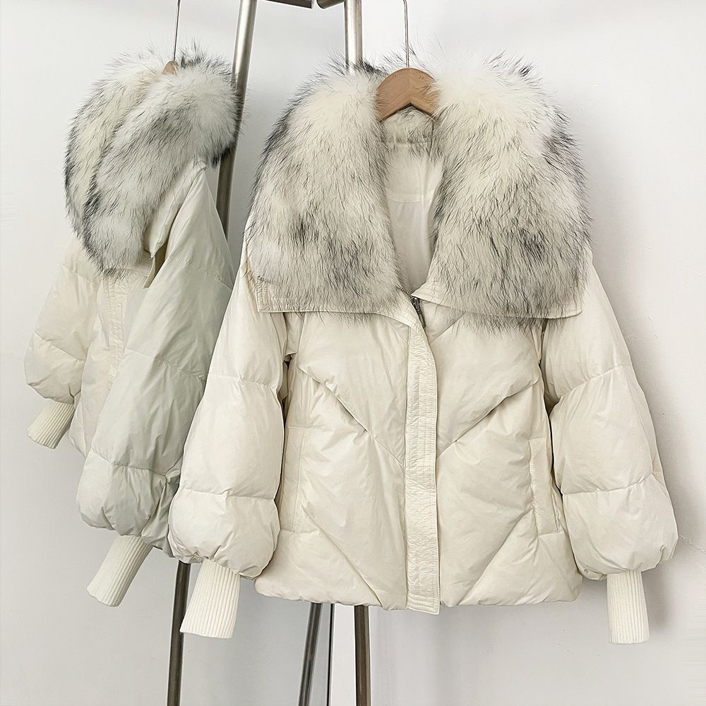 Women's Clothing Luxury Raccoon Fur Trim Down Jacket With Knit Cuffs, Thickened Winter Coat For Women, Fashionable Short Puffer With Detachable Hood_ecoleips.com