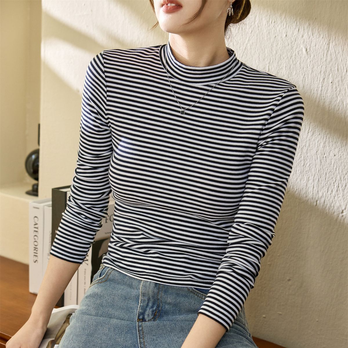 2025 #Selection Of Good Products # Pure Cotton T-Shirt Women's Long Sleeved Western-Style Striped Base Shirt 2025 Autumn And_ecoleips.com