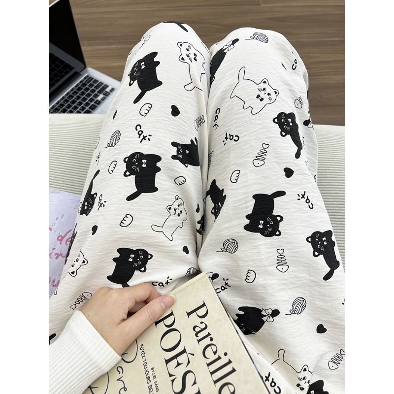 Pajama Pants Women Summer White Cartoon Kitten Trousers Thin Student Home Pants Rainbow Stripes High Waist Straight Leg Loose_ecoleips.com