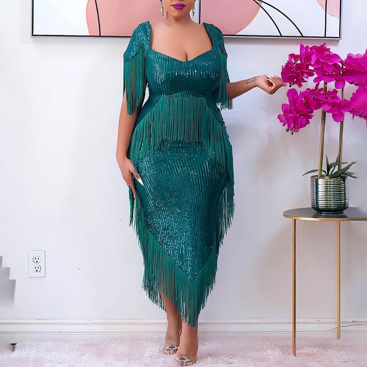 Women's Slim Sexy Evening Dress Fashion Sequin Fringe Bridesmaid Gown For Prom And Other Formal Occasions_ecoleips.com