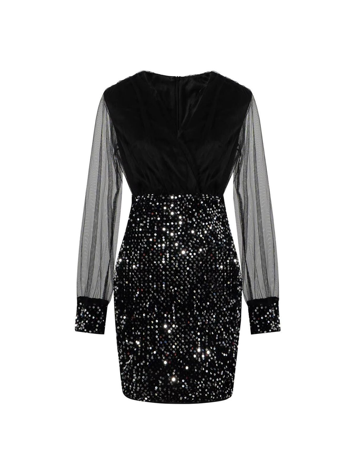 Mini Dress Spring Summer Women Black Sequin Mesh Sleeve V Neck Bodycon Sexy Glam Party Club Cocktail Dress_ecoleips.com