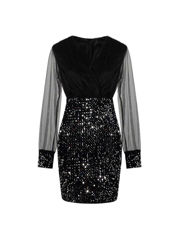 Mini Dress Spring Summer Women Black Sequin Mesh Sleeve V Neck Bodycon Sexy Glam Party Club Cocktail Dress_ecoleips.com